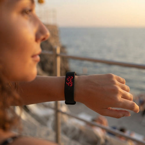 Pulsera deportiva anti-calor con alarma vibratoria y monitor de temperatura, color violeta